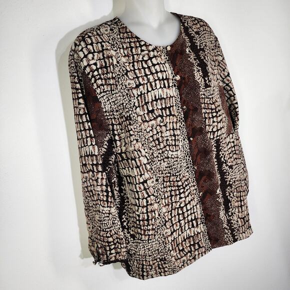 Vtg Jordan Womens Shirt Size 14 Button Brown Snake Skin Print Long Sleeve Retro - Picture 4 of 12
